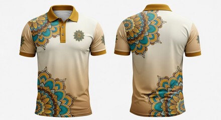 Men's polo shirt mockup featuring luxury teal and gold mandala ornament pattern on beige background showing front and back view isolated.