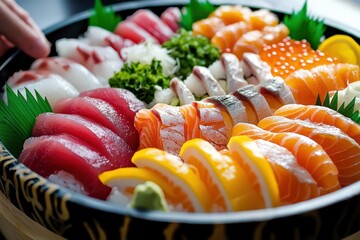 A sushi chef preparing fresh sashimi with precision and skill in a traditional setting