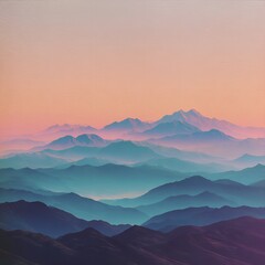 A breathtaking view of layered mountains at sunset, with hues of blue, pink, and orange creating a serene and majestic landscape