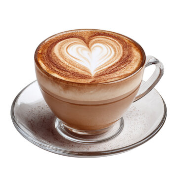 Latte art heart in a glass cup isolated on transparent background