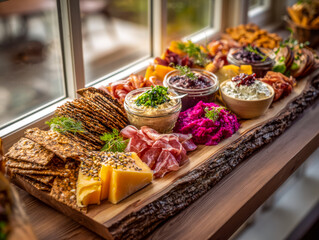 Obraz premium Elegant charcuterie board with cheeses, cured meats, spreads, and colorful accompaniments on a rustic wooden platter