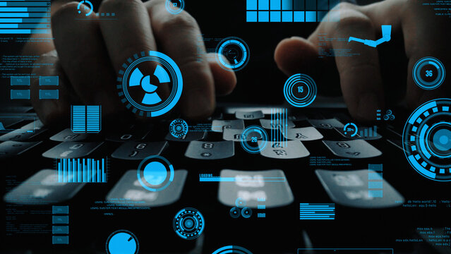 Hands typing on a laptop keyboard are surrounded by abstract digital elements and graphics, showcasing a modern technological workspace filled with innovation. Xenic