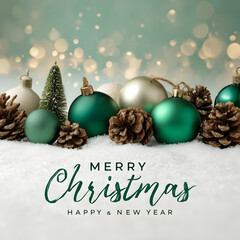 Festive christmas ornaments and pine cones on snow with bokeh lights background
