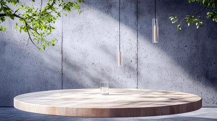 A minimalist scene featuring a round wooden podium with a glass of water, two hanging pendant lights, and dappled sunlight on a concrete wall.
