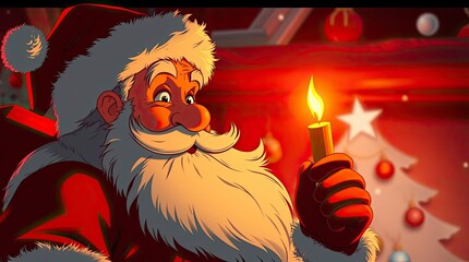 Dramatic High-Contrast Santa Claus Cartoon in Warm Fiery Lighting