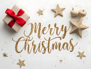 Festive merry christmas greeting card isolated on white background with gift and stars