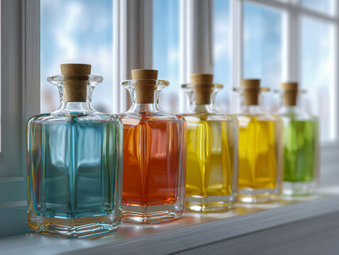 Colorful glass bottles with cork stoppers filled with vibrant liquids arranged in a row on a sunlit windowsill creating a bright and cheerful atmosphere