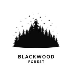 Blackwood Forest logo with pine tree silhouettes and night stars. © art.Co