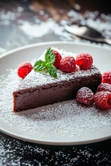 A decadent chocolate cake with glossy ganache, fresh raspberries, and powdered sugar on top