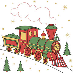 Red and Green Christmas Train Illustration with Stars and Holiday Trees