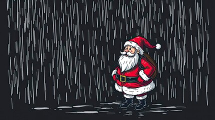 Jet-Black Rainy Santa Claus Sketch in Dramatic Sketchnote Style