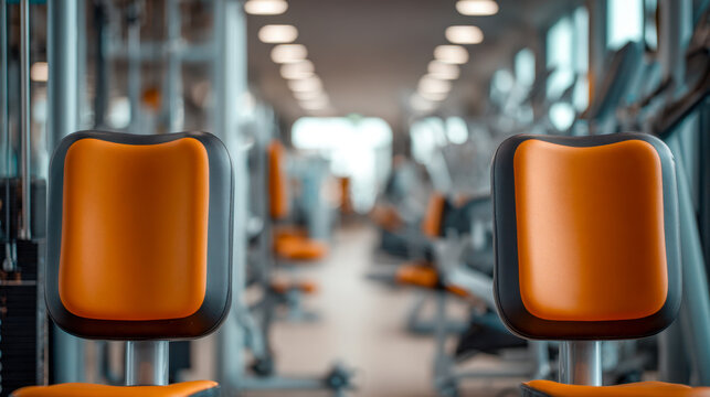Modern gym interior with vibrant orange and black padded exercise equipment seats arranged in rows, showcasing a clean and inviting fitness studio environment