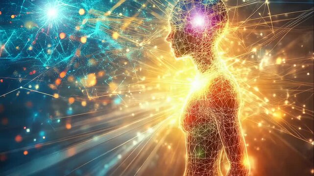 Wireframe human figure pulsing with light and energy with abstract connections, showing a conceptual representation of human connection and innovation.