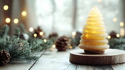 Lovely decorative candle shaped like a Christmas tree glowing softly in a cozy winter setting with pinecones and lights