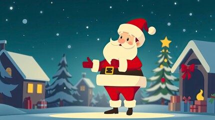 Bird&rsquo;s Eye View Santa Claus Cartoon in Cool Blue, Green, and Purple Tones