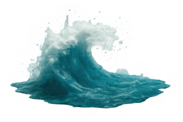 Powerful ocean wave breaking with clear blue water and white foam splashing on a transparent background