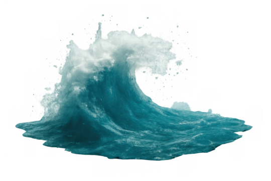 Powerful ocean wave breaking with clear blue water and white foam splashing on a transparent background