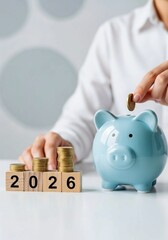 piggy bank and coins, 2025 end year to Happy New Year 2026 with piggy bank. Resolution, Goals, Plan, Action, Money Saving, Retirement fund, Pension, Investment and Financial concepts