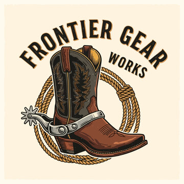 Frontier Gear Works Cowboy Boot with Spur and Lasso Design.