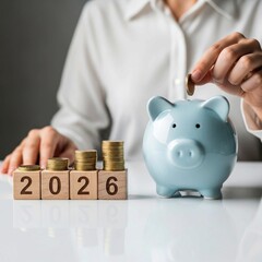 piggy bank and coins, 2025 end year to Happy New Year 2026 with piggy bank. Resolution, Goals, Plan, Action, Money Saving, Retirement fund, Pension, Investment and Financial concepts