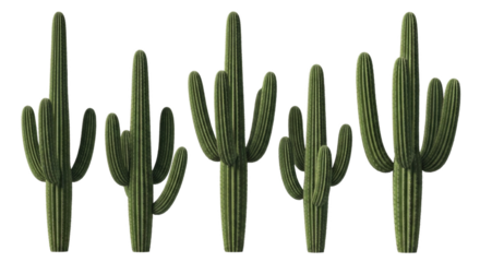 Five saguaro cacti in a row transparent background cutout png