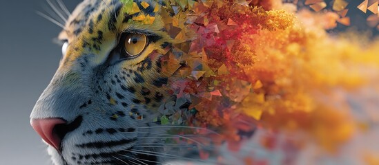 A jaguar's side profile with geometric shapes dissolving from its form