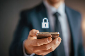 Businessman holding smartphone with glowing lock icon hovering above representing mobile security and data protection in digital communication technology