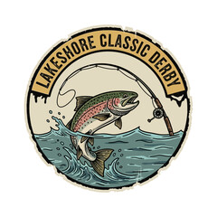Leaping Trout Fishing Derby Emblem with Rod and Water.