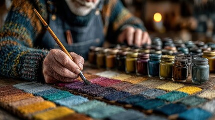 An artisan paints on fabric swatches with many colored paint jars