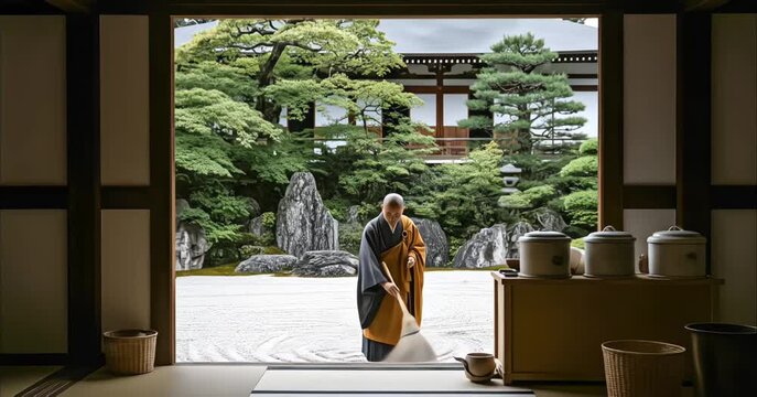 Japanese Buddhist monk sweeping gravel in a Zen garden viewed from a traditional temple interior
