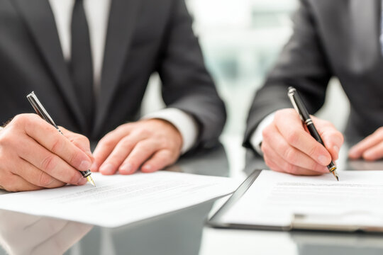 Business professionals signing documents during a formal agreement process