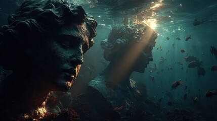 Underwater Antique Busts, Sunlight, Fish, Dramatic Scenery