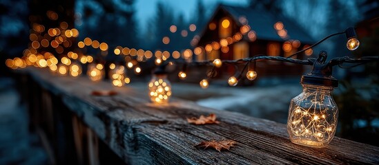 Twinkling string lights on a rustic wooden surface at dusk, cabin in back