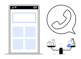 Mobile communication concept. Smartphone, call icon, and scales financial balance and decision-making. Mobile communication simplifies finance handling and life transactions. For fintech, personal