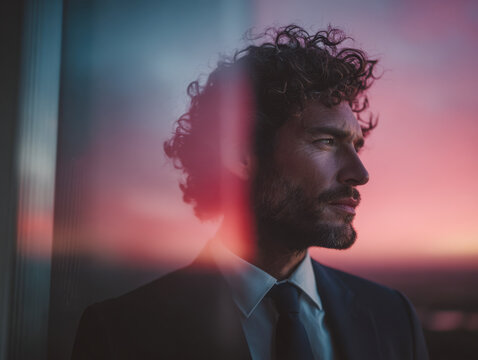 Thoughtful man with curly hair and beard wearing a formal suit looking out window during colorful sunset reflecting deep contemplation and ambition