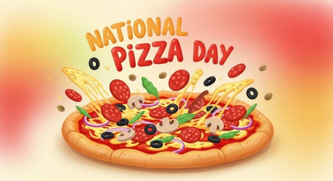 A vibrant and appetizing cartoon illustration of a pizza celebrating national pizza day