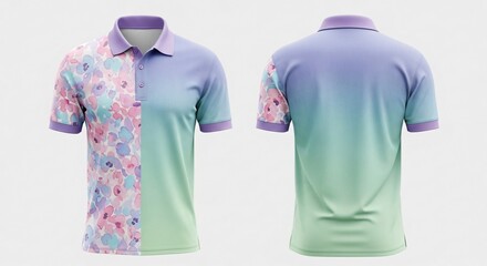 Men's polo shirt mockup featuring split vertical design with pink floral print and pastel purple to green gradient front and back view.