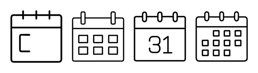 Four distinct calendar outline icons representing dates, time, schedule