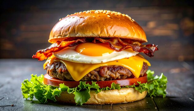 Mouthwatering burger layered with crispy bacon, fried egg, and melted cheese, served on a fresh lettuce bed with juicy beef patty, perfect for gourmet meal lovers.