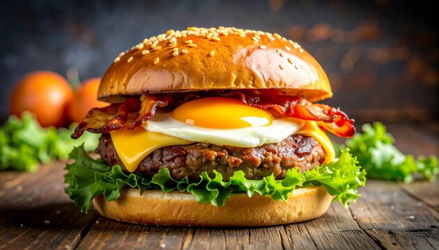 Mouthwatering burger layered with crispy bacon, fried egg, and melted cheese, served on a fresh lettuce bed with juicy beef patty, perfect for gourmet meal lovers. - Powered by Adobe