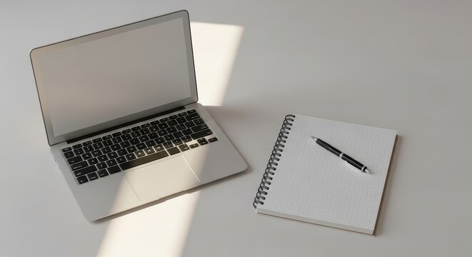 Open laptop and notepad with pen on sunlit desk