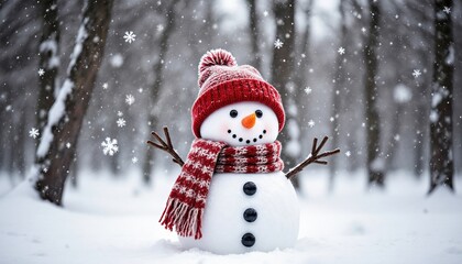 Fototapeta premium Cheerful Snowman in a Winter Forest with Falling Snowflakes