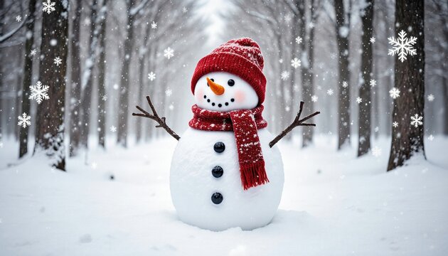 Cheerful Snowman in a Winter Wonderland with Red Beanie and Scarf - Powered by Adobe