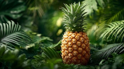 Obraz premium Whole ripe pineapple fruit amidst lush tropical green foliage