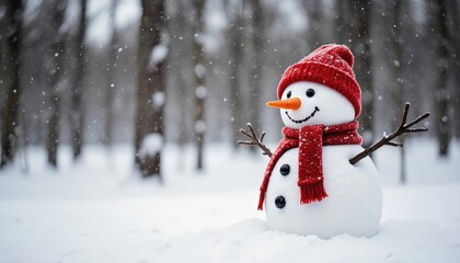 Obraz premium Cheerful Snowman with Red Hat and Scarf in Winter Wonderland Scene