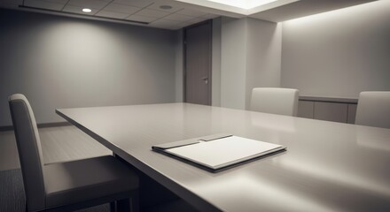 Empty modern conference room with minimalist design and closed folder on table
