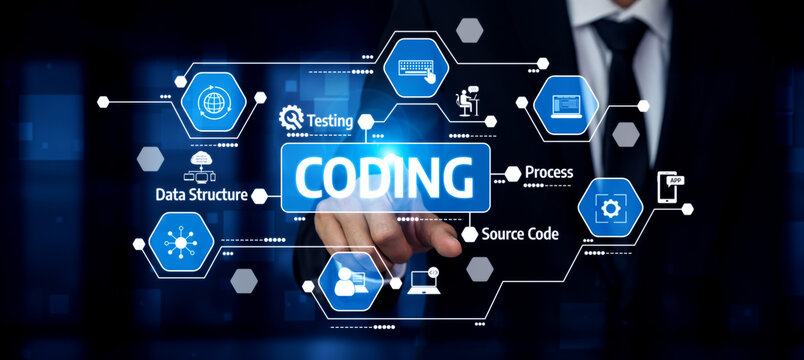 A businessman interacts with a digital interface showcasing coding concepts. This image symbolizes technology trends, process testing, and software development in a modern business context. Tessel