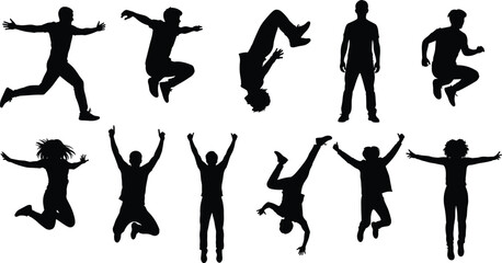 Set of black silhouettes of people jumping, dancing, doing parkour backflips, and celebrating success, isolated on white background, vector illustration.