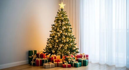 Festive pine tree adorned with golden baubles and lights standing over colorful presents in a sunlit living space
