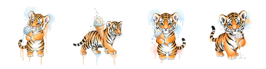 Four adorable tiger cubs each holding and eating ice cream cones with colorful sprinkles and drips transparent background